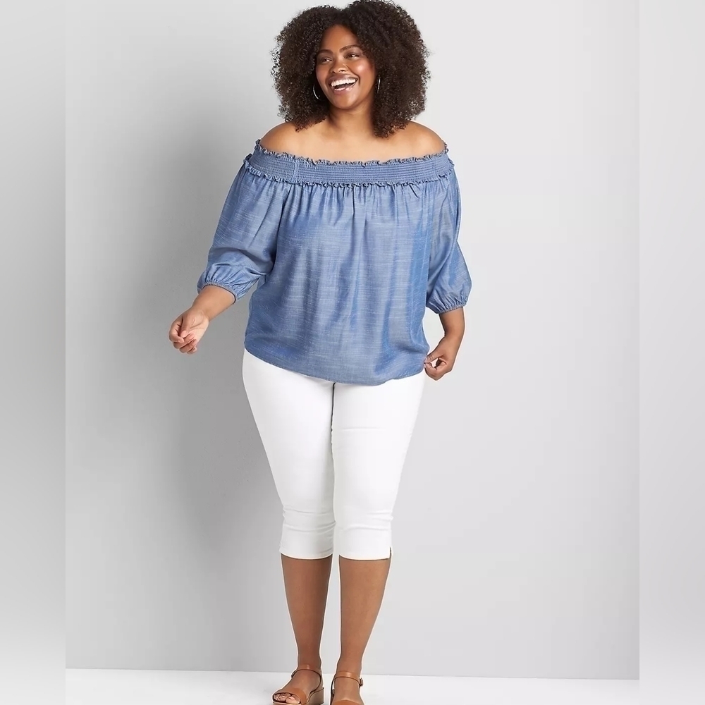 Lane Bryant 3/4 Sleeve Chambray Off-the-Shoulder Top‎ Size 14/16 New With Tags